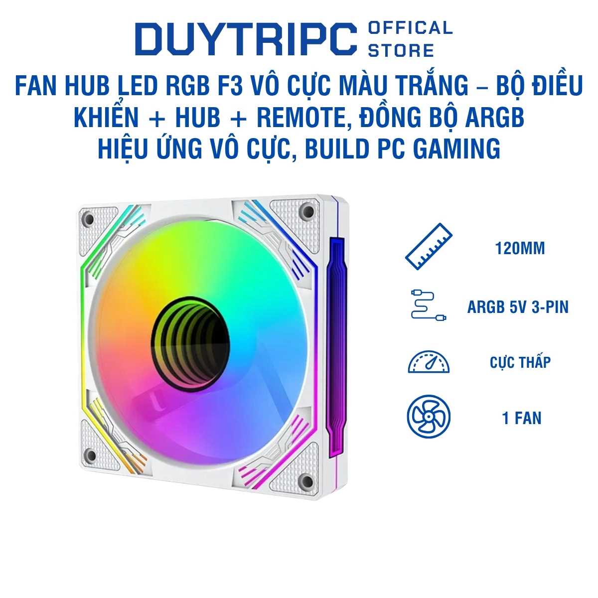 Fan Hub LED RGB F3 Vô Cực Màu Trắng – Bộ Điều Khiển + Hub + Remote, Đồng Bộ ARGB, Hiệu Ứng Vô Cực, Build PC Gaming